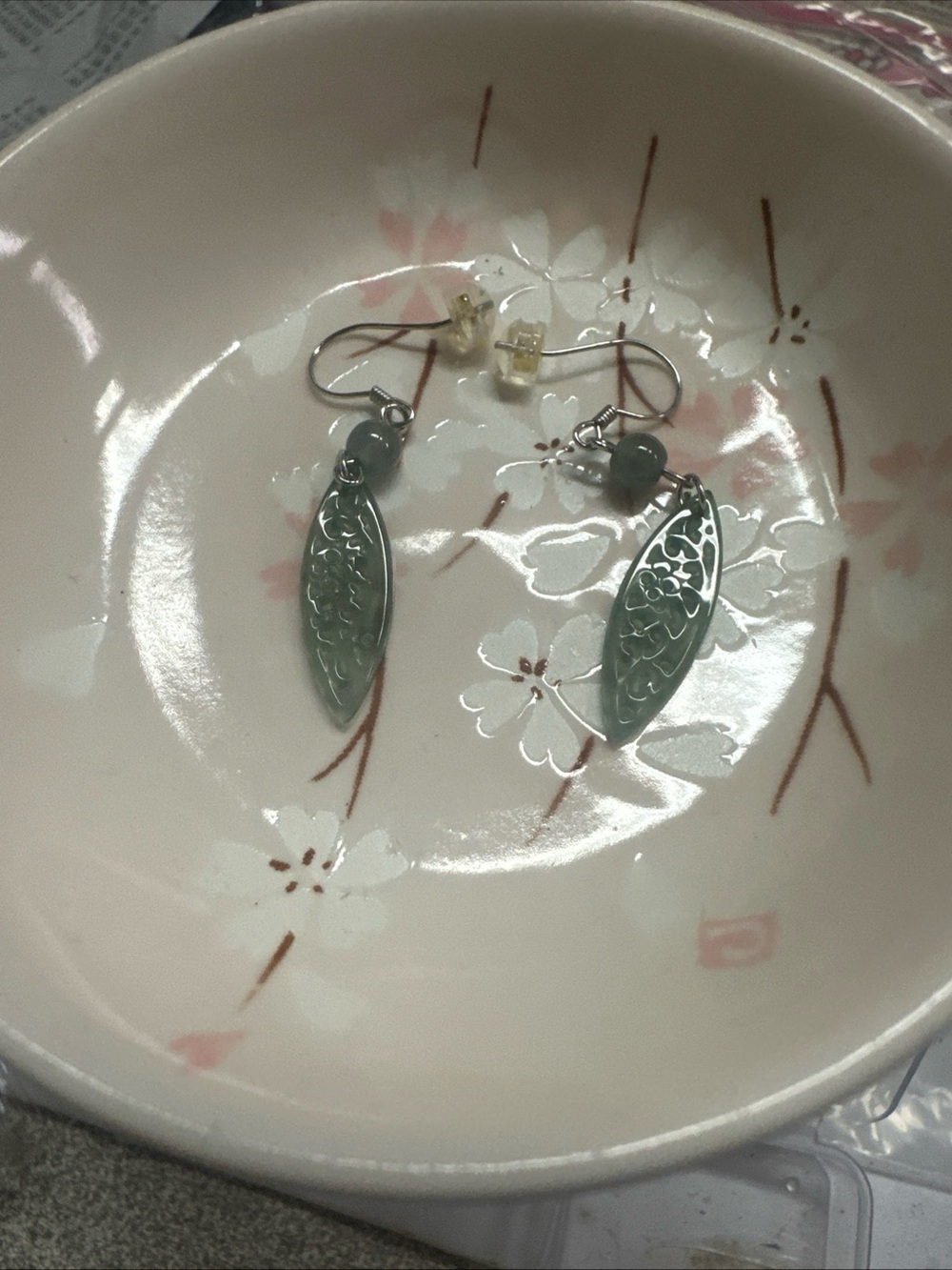 Green Jade Carved Leaf Drop Earrings